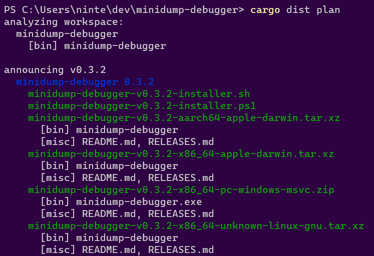 Running "cargo dist plan" on a project, producing a full printout of the tarballs/zips that will be produced for all platforms (mac, linux, windows), and all installers (shell, powershell)